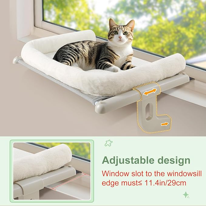 Sunhoo Cat Window Perch Hammock Sturdy Windowsill Bed Seat for Large Cats No Drilling No Suction Adjustable Kitty Shelf with Washable Cover Easy Assembly Holds up to 40 lbs 24.8 * 15 in (White, L)