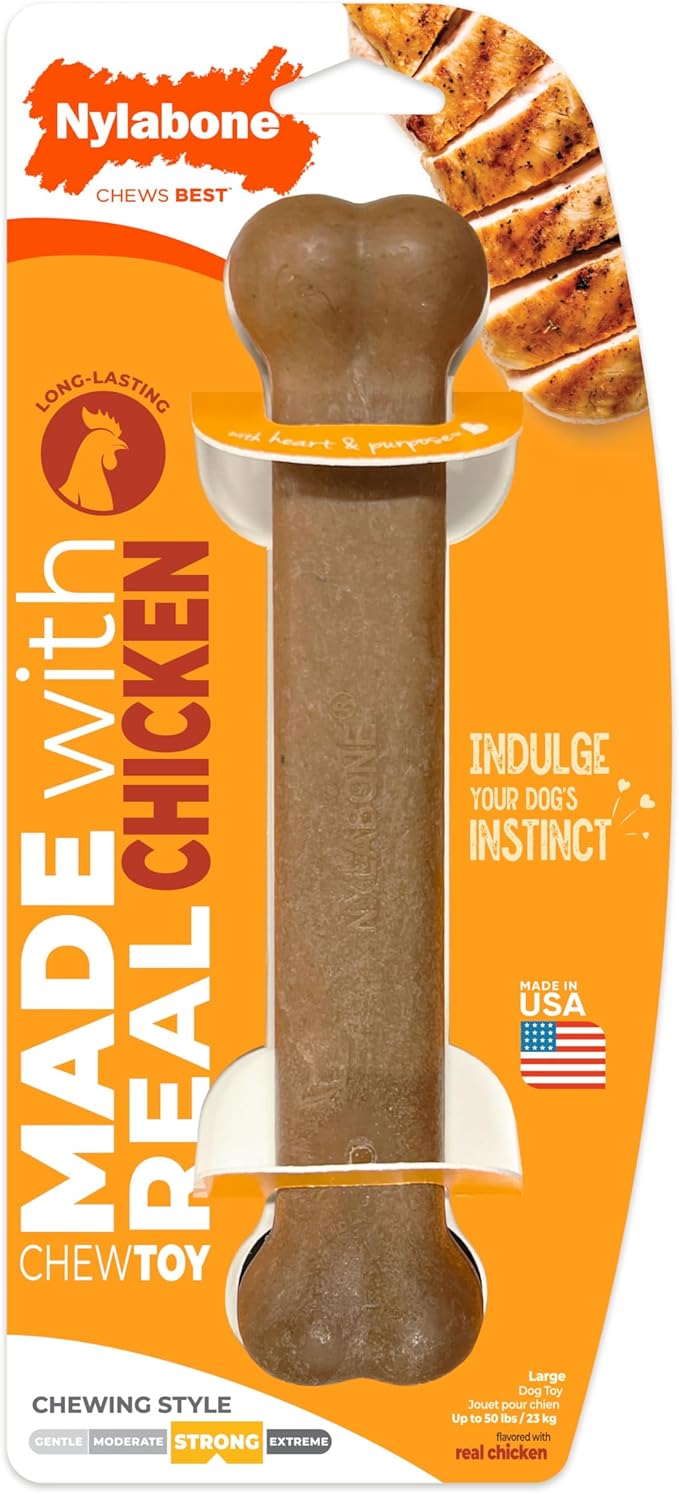 Nylabone Strong Chew Original Bone Dog Toy Made with Real Chicken, Durable Chew Toys for Aggressive Chewers, Long Lasting Dog Bone, Keeps Dogs Busy, Large Breeds - Up to 50 lbs