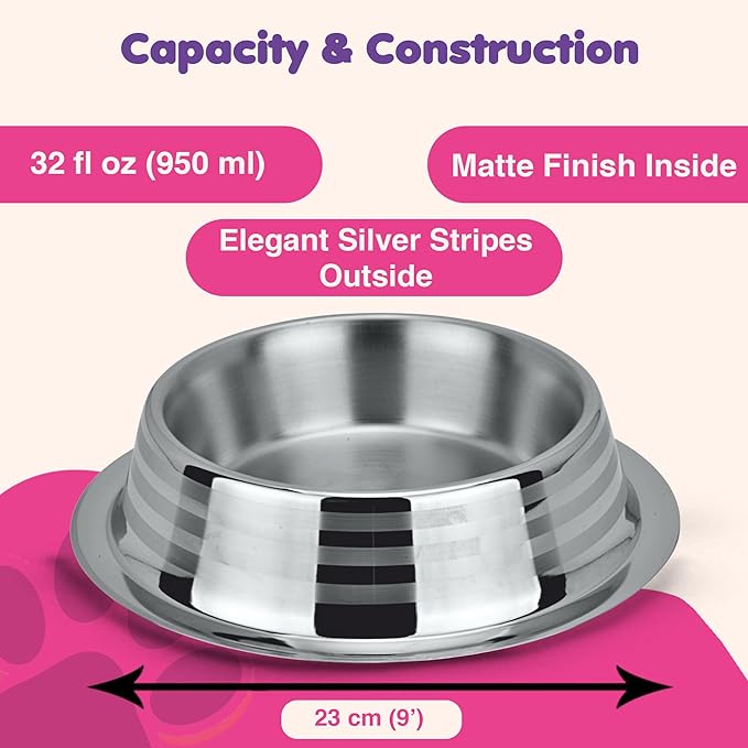 Stainless Steel Dog Bowls | Cat Bowls (Pack of 2) - Anti Skid & Non Tip Dog Water Bowl | Cat Water Bowl Set - Dishwasher Safe - 32 Oz - 950 ml - 23 cm Diameter (Elegant Silver Stripes)