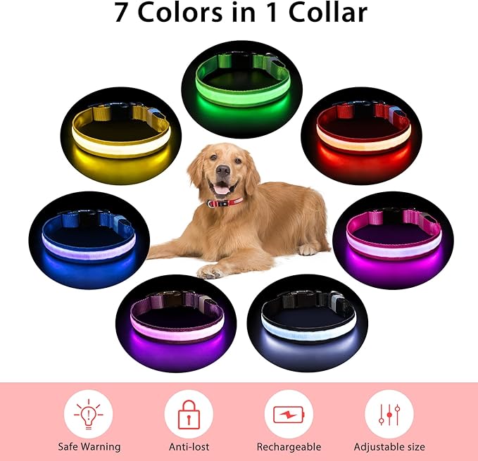 PcEoTllar Light up Dog Collar for Night Walking - LED Dog Collar Light Rechargeable Color Changing, Glow in the Dark Dog Collars Waterproof Glowing Dog Collars for Large Small Medium Dogs