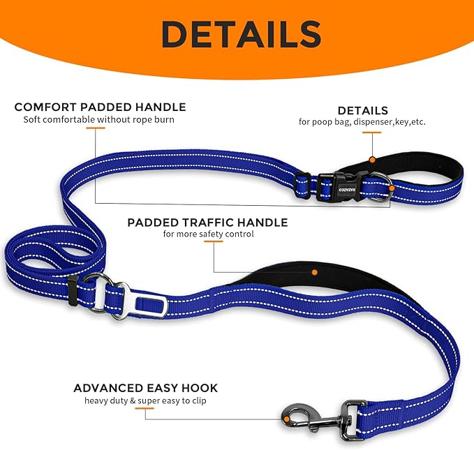 Kazazoo Hands-Free Dog Leash with Adjustable Length 5.5-8.5FT + Dual Padded Handles Reflective Safety for Walking, Jogging & Training | Suitable for Medium to Large Dogs & Puppies M Size Blue