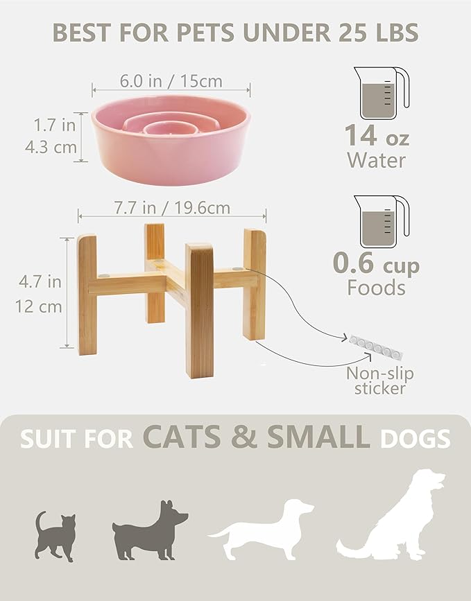Ceramic Slow Feeder Dog Bowls Elevated, 0.6 Cup Slow Feeder for Small Dogs, Puzzle Maze Bowl, Prevents Choking, 6in, Pink