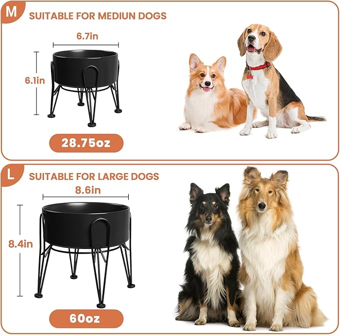 Elevated Dog Bowls, Ceramic Raised Dog Bowl Set with Anti-Slip and Non-Tip Metal Stand, 2 Pack Pet Food and Water Feeding Bowls for Small and Medium Dogs (Black,3.6 Cups)