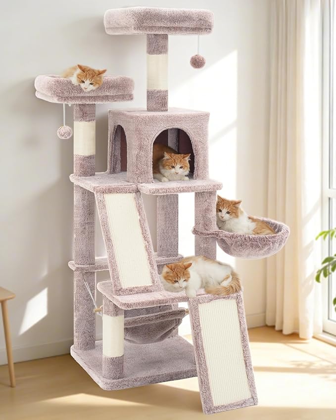 Multi-Level Cat Tree for Indoor Cats, Cat Tower with 2 Scratching Boards, 2 Plush Padding Platforms, Cat Condo House with Hammock, Basket, Muchroom GCT022MU