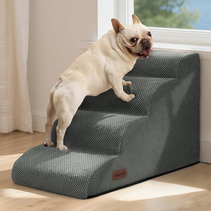 Dog Steps for Bed and Couch,4-Step Dog Stairs and Ramp for Small Dogs & Cats,Indoor Anti-Slip Pet Stairs for Old Cats and Puppy,Grey