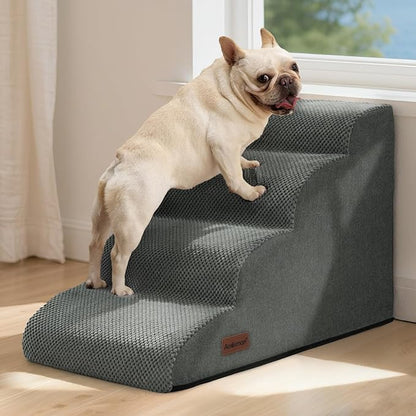 Dog Steps for Bed and Couch,4-Step Dog Stairs and Ramp for Small Dogs & Cats,Indoor Anti-Slip Pet Stairs for Old Cats and Puppy,Grey