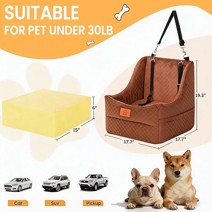 Dog Car Seat for Medium Dogs Up to 35lbs, Pet Booster Seat with 2 Safety Belts, Detachable Washable, Non-Slip Stable Base, Portable Puppy Car Seat for Travel & Outdoor Daily Use