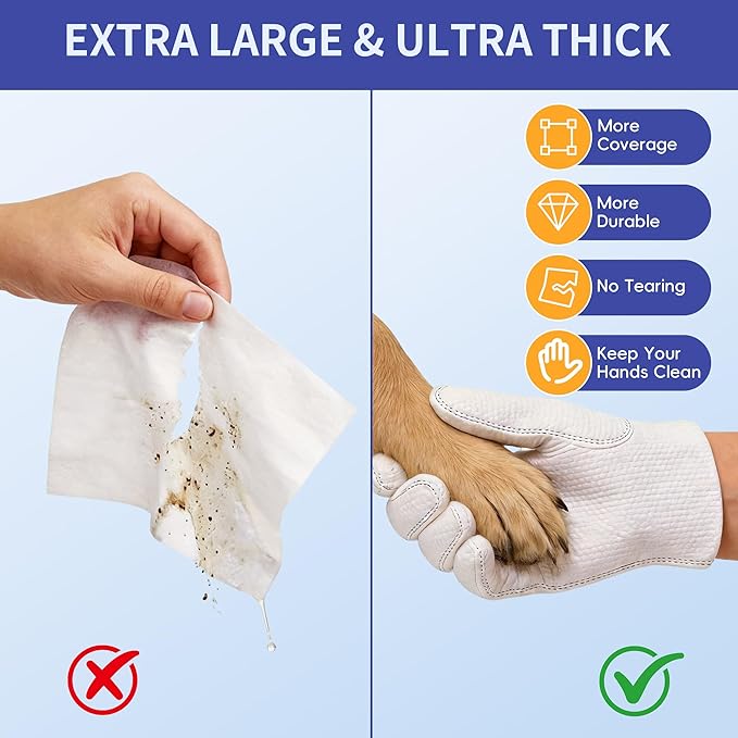 Pet Glove Wipes for Dogs Cats, Grooming Deodorizing Puppy Face Paws Fur and Butt Gloves Wipe, Unscented Extra Thick Travel Cleaning Care Hypoallergenic No Rinse Disposable Bathing Dog Wipes, 24 Pcs