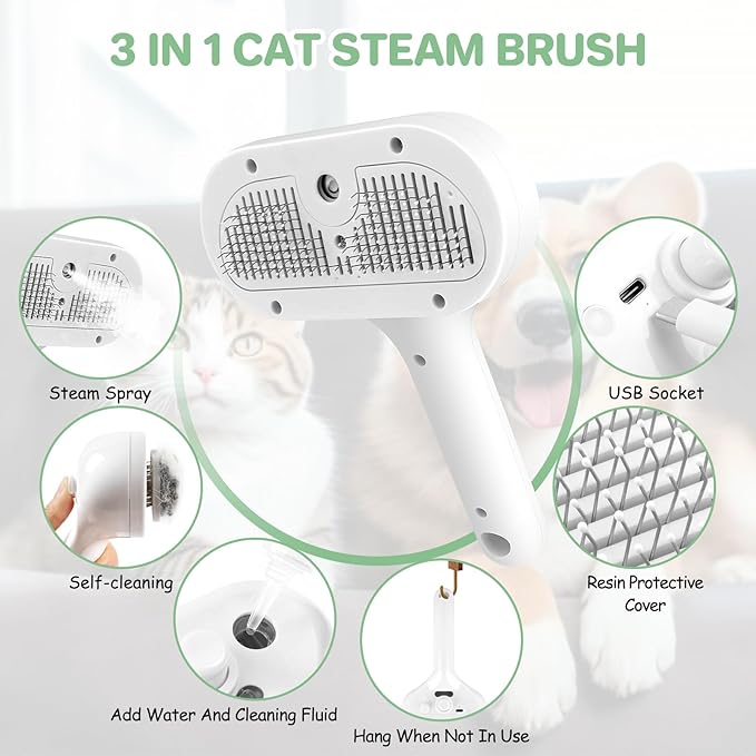 ETACCU Cat Steam Brush, 3 in 1 Cat Steam Brush for Shedding & Grooming, Steam Brush for Dogs/Cats, Remove Tangled Loose Hair for Long & Short Haired, Self Cleaning Pet Steam Brush with Release Button