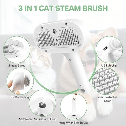 ETACCU Cat Steam Brush, 3 in 1 Cat Steam Brush for Shedding & Grooming, Steam Brush for Dogs/Cats, Remove Tangled Loose Hair for Long & Short Haired, Self Cleaning Pet Steam Brush with Release Button