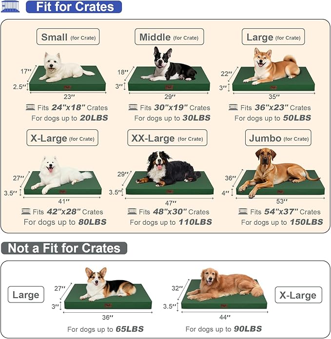 Outdoor Large Washable Dog Bed, Orthopedic Egg Crate Foam Dog Crate Mat for Large Dogs with Removable Oxford Cooling Cover, Dark Green