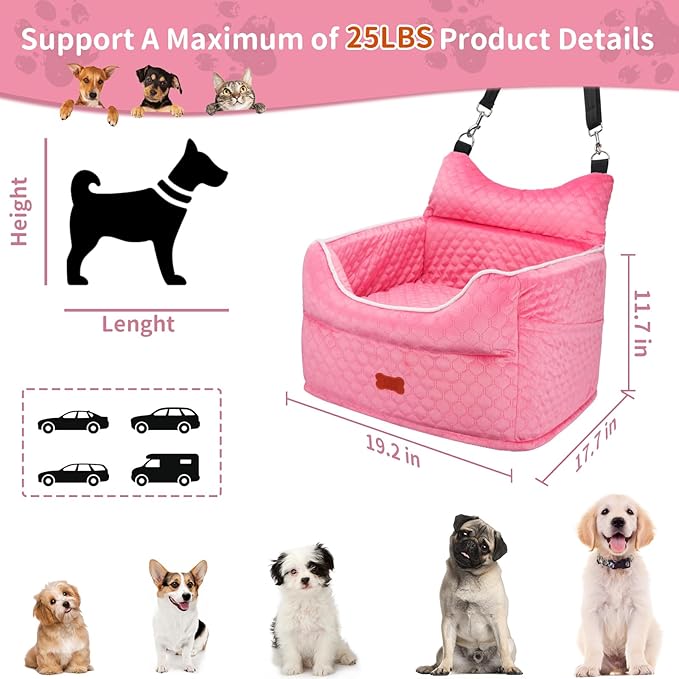 Dog Car Seat - Memory Foam Dog Booster Seat for Small Dogs Up to 25lbs-Elevated Pet Car Seat with Storage Pockets and Dog Seat Belt-Soft Pet Travel Bed for Front & Back Seats-Removable Washable-Pink