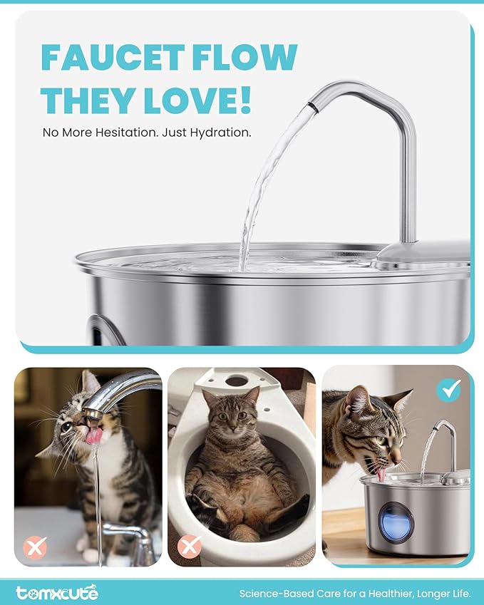 Cat Water Fountain Stainless Steel - 108oz/3.2L Large Capacity Cat Fountain for Drinking, Ultra Quiet Metal Pet Water Fountain for Cats, Dogs, Multiple Pets