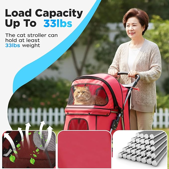 BestOffice Pet Stroller for Small Medium Dogs & Cats, 4-Wheel Foldable Dog Stroller with Cup Holder, Lightweight Travel Carrier, Waterproof Design for Outdoor Walks, Red