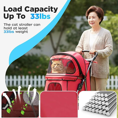 BestOffice Pet Stroller for Small Medium Dogs & Cats, 4-Wheel Foldable Dog Stroller with Cup Holder, Lightweight Travel Carrier, Waterproof Design for Outdoor Walks, Red