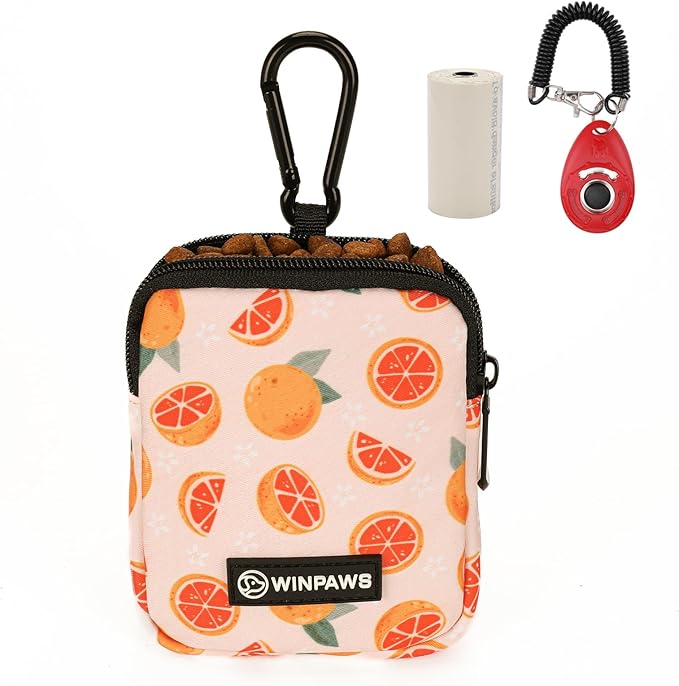 Dog Treat Pouch with Training Clicker,Waterproof Nylon Fabric Poop Bag Holders for Leashes,Hands Free Small Dog Walking Bag with Carabiner, Pet Puppy Training Walking Essentials(Grapefruit)