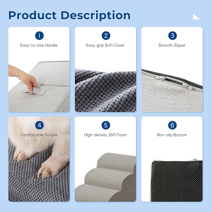 Dog Stairs Ramp for High Beds Up to 25" H - 5 Step Pet Stairs for Small to Large Dogs, 35D Foam Dog Steps for Couch with Non-Slip Bottom Grey