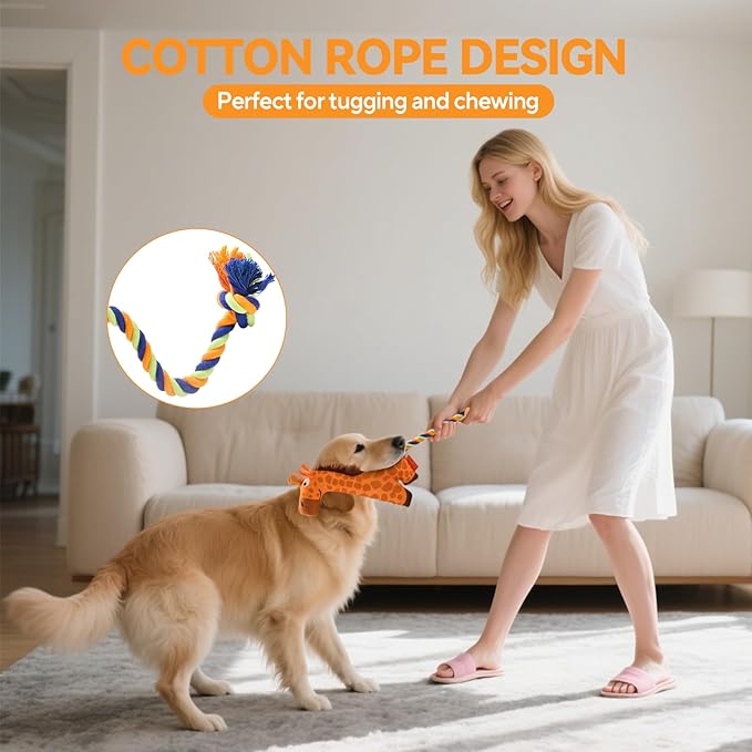 AUSCAT Plush Dog Rope Toy, Durable Squeaky Dog Toys for Puppy Small Medium Dogs (Not for Aggressive Chewers), Snake & Giraffe