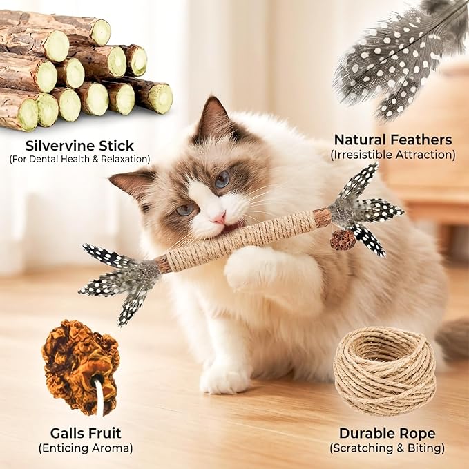 Cat Toys,3 Pack Silvervine Cat Feather Toy Kitten Chew Stick Catnip Treat for Cleaning Teeth Indoor Kitty Teaser Wand Molar Snack Interactive Pet Rabbit Bunny Hamster