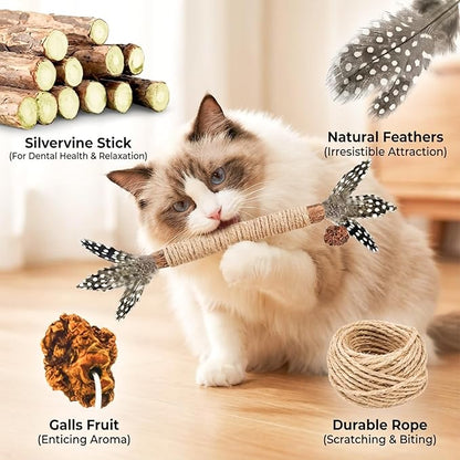 Cat Toys, 7 Pack Silvervine Cat Feather Toy Kitten Chew Stick Catnip Treat for Cleaning Teeth Indoor Kitty Teaser Wand Molar Snack for Interactive Pet Rabbit Bunny Hamster