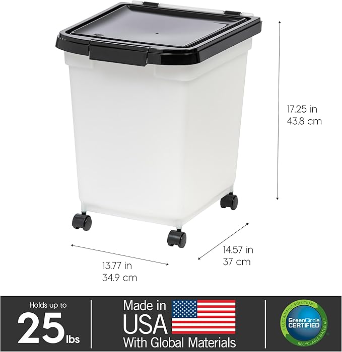 IRIS USA 25 Lbs / 32.5 Qt WeatherPro Airtight Pet Food Storage Container with Removable Casters, for Dog Cat Bird and Other Pet Food Storage Bin, Keep Fresh, Translucent Body, Pearl/Black