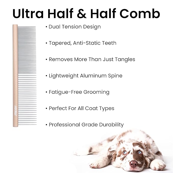 Fresh Ultra Half & Half Metal Pet Comb, Oval Aluminum Handle, Metal Grooming Comb for Dogs, 7.5"