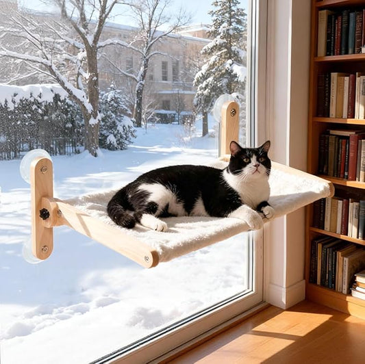 LuLu's World Cat Window Perch for Large Cats Inside - Foldable Solid Wood Cat Hammock with Ultra-Thick Faux Rabbit Fur, Sturdy Window Seat Holds 40lbs, Space Saving & Washable (Natural Wood)