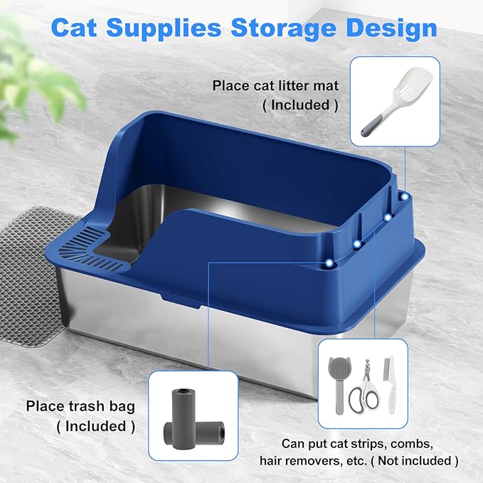 Non-stick Stainless Steel Litter Box, XL Side Opening Splash-Proof & Leak-Proof Seamless Seal, Ellenpent Large Capacity, Cat Litter Box with Lid for Multi-Cats, Large Cats, Easy-Clean & Durable (Blue)