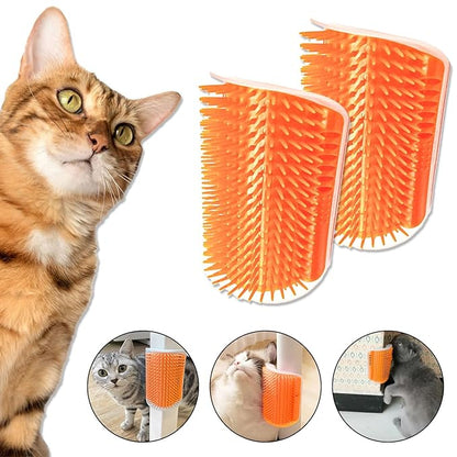 Cat Self Groomer – Wall Corner Grooming Brushes for Cats and Small Pets – Soft Silicone Massage Brush for Shedding Control and Face Rubbing (Orange)