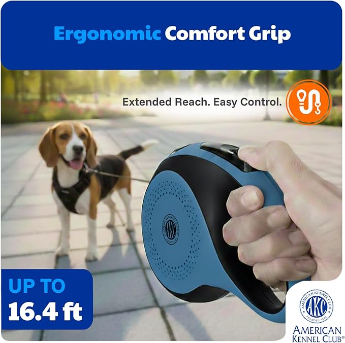 American Kennel Club Heavy Duty Retractable Dog Leash, 16.4ft, Tangle-Free, Ergonomic Grip, One-Hand Brake, for Medium & Large Dogs up to 110 lbs Blue