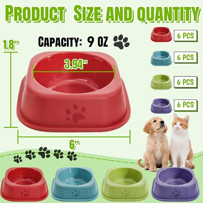 24 Pack Plastic Dog Bowls, 9 Oz Reusableb Bulk Pet Feeding Food Water Bowls, Colorful Puppy Dogs Birthday Party Supplies Food Dishes for Cat, Dog, 4 Colors