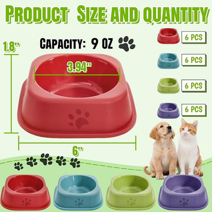 24 Pack Plastic Dog Bowls, 9 Oz Reusableb Bulk Pet Feeding Food Water Bowls, Colorful Puppy Dogs Birthday Party Supplies Food Dishes for Cat, Dog, 4 Colors