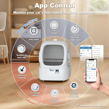 Automatic Cat Litter Box Self Cleaning - APP Control and Weight Monitoring - Ultra-Quiet, Suitable for Medium Cats and Kittens, Safe Anti-Pinch Litter Box (Assembly Required) - White