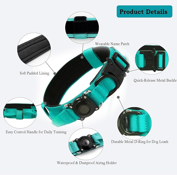 Xqpetlihai Upgraded AirTag Dog Collar Waterproof Tactical Dog Collar with AirTag Holder Heavy Duty Dog Collars for Large Dogs (Teal，XL