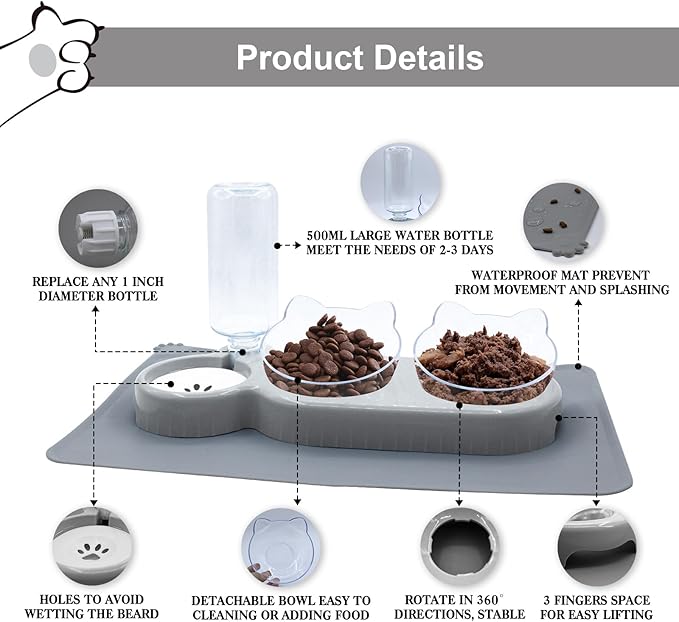 Triple Cat Bowls with Water Dispenser, Pet Whisker Friendly Water and Food Bowl Set with Non-Slip Mat, 15° Tilted Double Feeding Bowls, Elevated Wet and Dry Food Dish for Kitten&Small Dog (Grey)