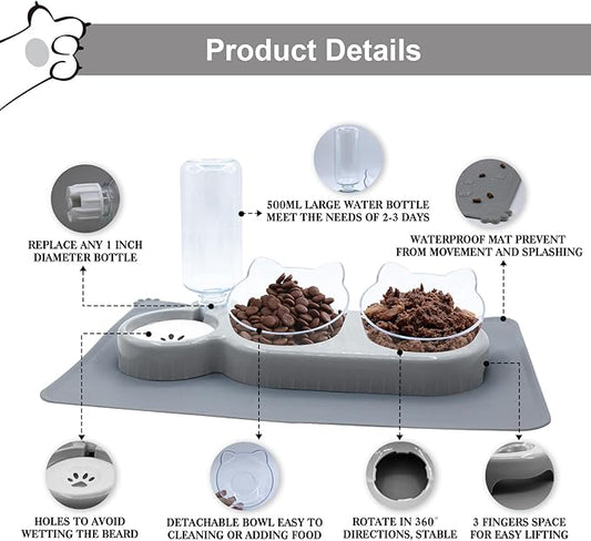Triple Cat Bowls with Water Dispenser, Pet Whisker Friendly Water and Food Bowl Set with Non-Slip Mat, 15° Tilted Double Feeding Bowls, Elevated Wet and Dry Food Dish for Kitten&Small Dog (Grey)