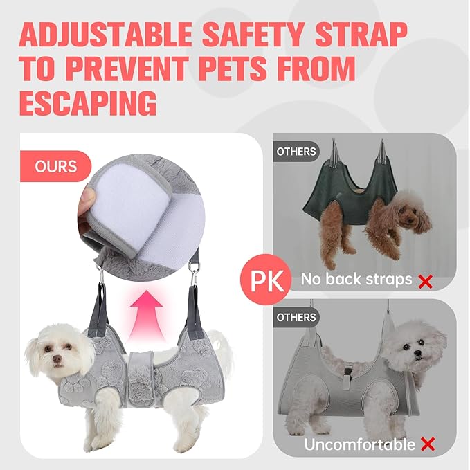 PAWCHIE Dog Grooming Hammock Harness for Dogs & Cats with Pet Nail Clipper Trimmer,Cat Hanger Sling for Trimming Clipping Nails,Warm Plush Dog Hammock Restraint Bag for Small Medium Large Dogs,Grey XS