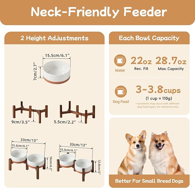 Ceramic 6.1inch Raised Double Dog Bowls Set with Acacia Wood Stand, 2 Heights Elevated, Food & Water Bowls for Small Dogs(28.2oz, Vanilla White)