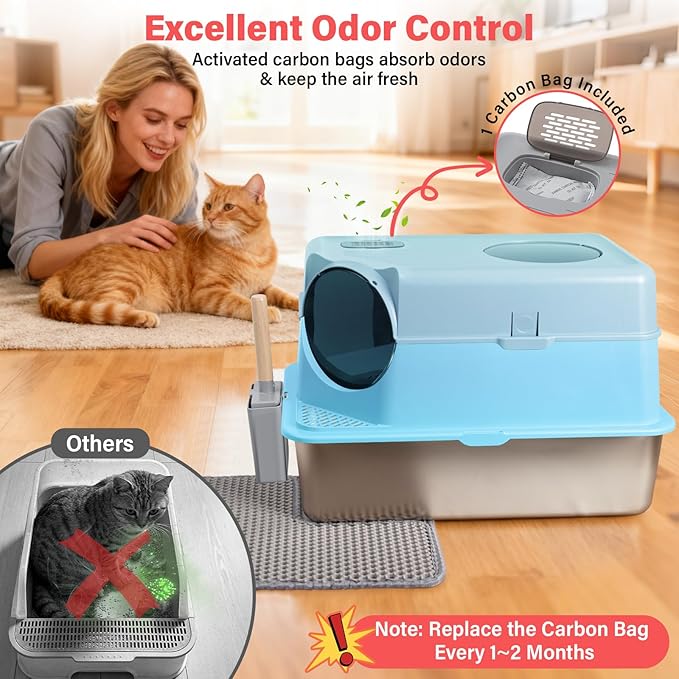 Enclosed Stainless Steel Cat Litter Box with Lid, XL Large Metal Litter Box Stainless Steel, Odor-Free/Anti-Leakage & Non-Stick/Easy Clean, High Sided Litter Box with Mat & Scoop for Big Cats