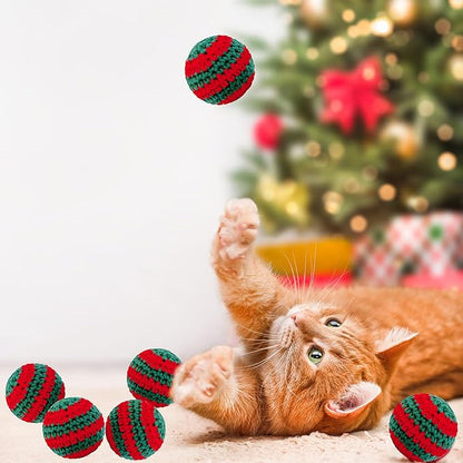 Christmas Cats Ball Toy with Bell Inside, 6Pcs Hand-Knitted Indoor Woolen Yarn Cat Toys Jingle Bell Balls, Kitten Interactive Toys for Hunting/Kicking/Chasing