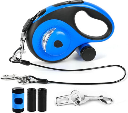26ft Heavy Duty Retractable Dog Leash for Large Dogs, Dog Leash with Poop Bag Holder, Up to 100lbs, with LED Light, Chew Proof Cable, One-Handed Pause & Lock, 360° No Tangle. (Blue, 26Ft)