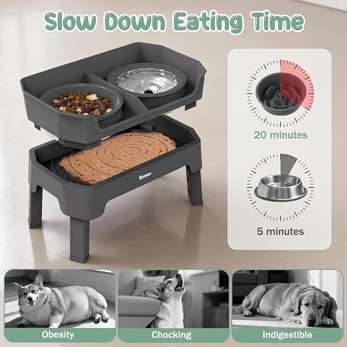 4 in 1 Adjustable Elevated Dog Bowls with 2*Stainless Steel Bowls, Anti-Spill Water Bowl, 4 Heights Raised Dog Bowl Stand for Small to Medium & Growing Large Puppies, Anti-Slip, Mess Proof Design