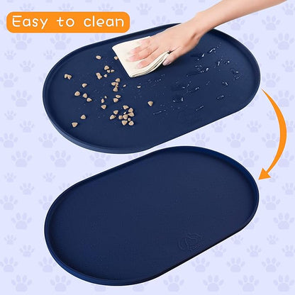 100% Waterproof 0.5" Raised Edge BPA Free Silicone Dog Food Mat, Pet Cat Feeding Mats Contain Spills Protects Floors, Placemats for Cats and Dogs Water Bowl Dishwasher. (Small, Navy)