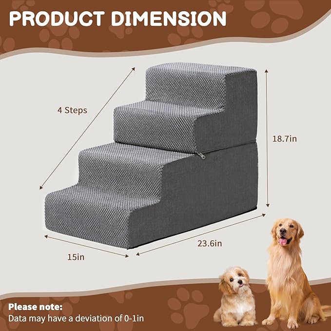 18.7''H Dog Stairs for Small Dogs,4-Step Dog Stairs Steps for High Bed, Pet Steps for Small Dogs and Cats, Non-Slip Removable Washable Cover Ramp for Indoor Outdoor Car SUV Couch Sofa,Grey