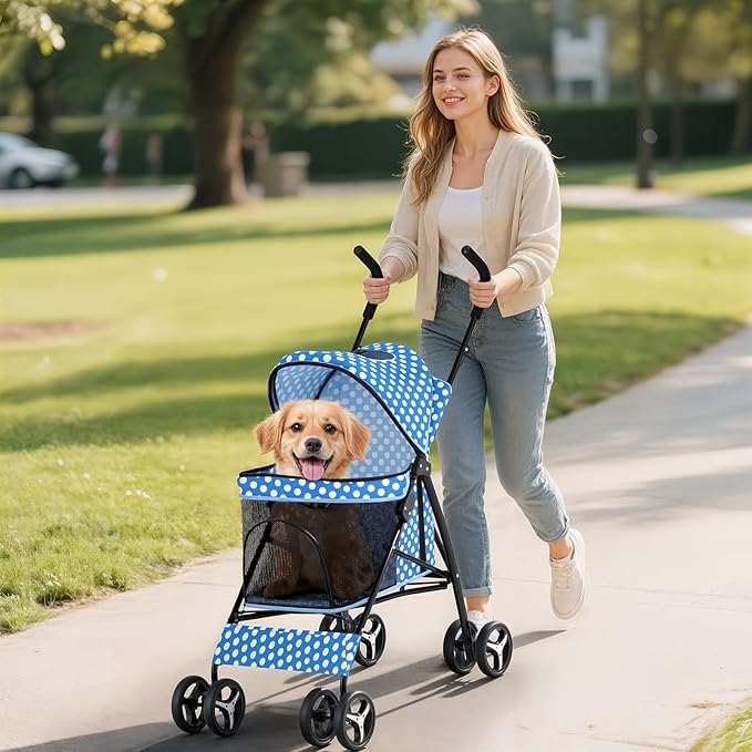 Dog Stroller for Small Dogs 10 lbs -22lbs Puppy Stroller Medium Dog Wagon Small Pet Stroller for Cats, Cat Strollers for 2 Cats, Rear Storage, Blue Polka Dots