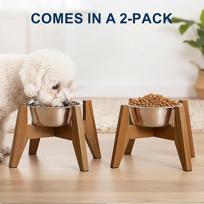 Elevated Dog Bowl Stand for Small Dogs, 7" Tall Raised Dog Bowl Stand Fits Up to 7" Bowls, Solid Acacia Wood Dog Bowl Holder, Set of 2 Wooden Dog Feeding Stands (Stand Only)