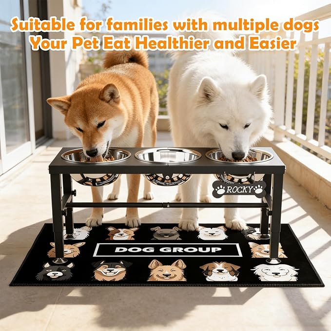 3-in-1 Slow Feeder Dog Bowl Stand, Elevated Raised Feeder with 1 Slow Feed & 3 Stainless Steel Bowls, Iron Stand, Custom Name Plate & Mat - Easy Clean for Fast Eaters, Multiple Dogs