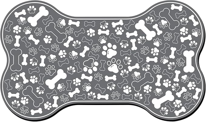 Dog & Cat Food Mat Bone Shaped Pet Feeding Mat Quick Absorb Water Bowl Placemat with Rubber Backing Indoor Floor Stain Resistant Pet Accessory Supplies (Dark Gray, 17x29 Inches)