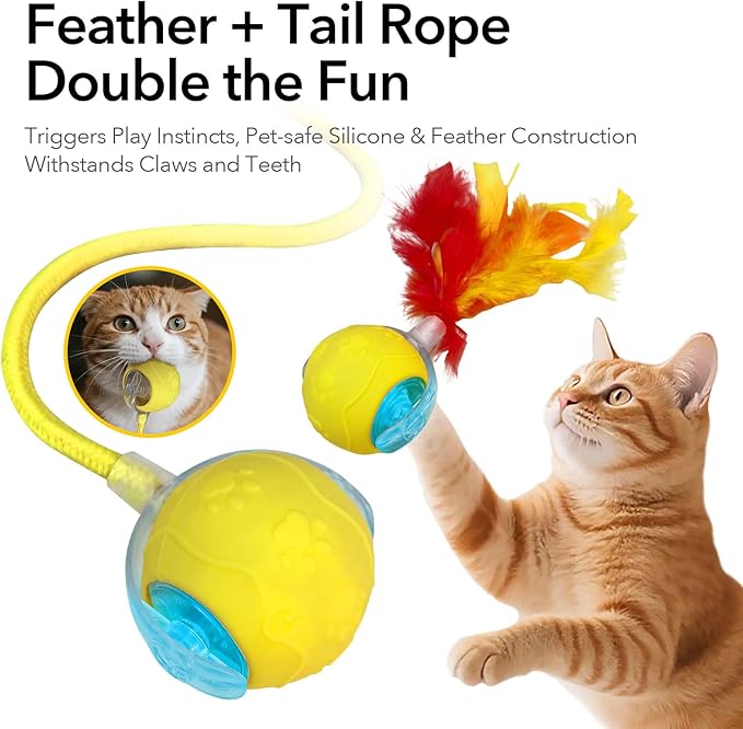 Automatic Cat Toy with Feather Tail – Interactive Moving Ball for Indoor Cats, Rechargeable Battery, Self-Play Boredom Buster for Kitten & Adult Cat, Yellow