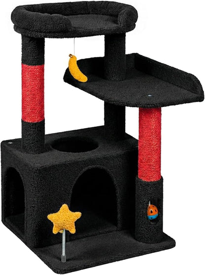 32In Cute Cat Tower for Indoor Cats with Cat Condo, Plush Platform, Hammock, Sisal Scratching Posts, Dangling Ball, Tall Cat Tree Tower with Self-Grooming Brush (Jet Black)